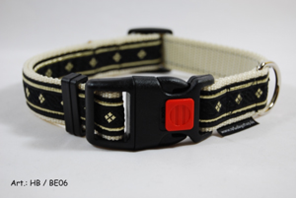 Hundehalsband mit Borte veredelt  Schwarz-Beige Art. HB/BE 06