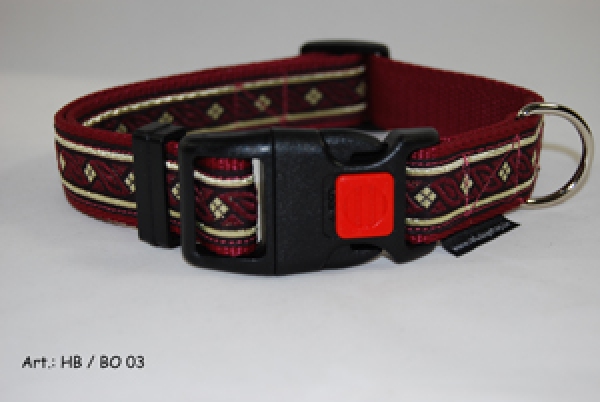 Hundehalsband mit Borte veredelt  Bordeaux-Gold Art. HB/BO 03